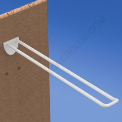 Pinza doble de plástico blanca con clip de doble gancho para tablero de clavijas de 250 mm. Con frontal redondeado para portaetiquetas