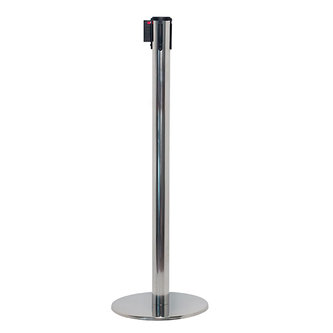 Polished chrome steel retractable post with flat base - belt color red