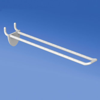 Double plastic prong white with double hook clip for pegboard 200 mm. Whit rounded front for label holders