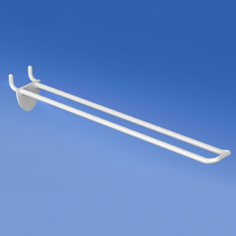 Pinza doble de plástico blanca con clip de doble gancho para tablero de clavijas de 250 mm. Con frontal redondeado para portaetiquetas