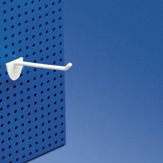 Single plastic prong white with double hook clip for pegboard 100 mm.