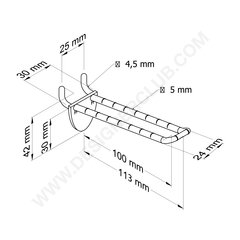 Doppelter Kunststoffzinken transparent mit doppeltem Hakenclip für Lochrasterplatten 100 mm. Weiße abgerundete Front für Etikettenhalter